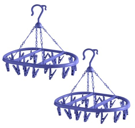 Lizzy 2 x 20 Pegs Washing Clothes Rack | Circular Laundry Hanger Airer for Socks, Gloves, Towel| Plastic Small Item Dryer with Rotating Hook & Windproof Clips for Indoor Outdoor Use (2, Royal Blue)