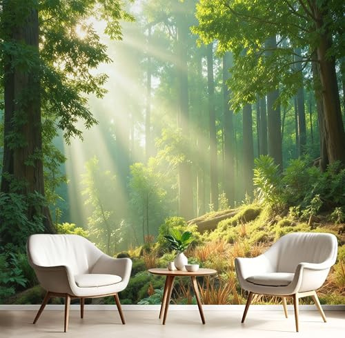 Carta Da Parati Foresta Soleggiata 250X175Cm, Fotomurali Paesaggio Naturale Decorazioni Parete, Fotografica Murale Verde Smeraldo Per Camera Letto, Soggiorno, Ufficio, Tv Sfondo