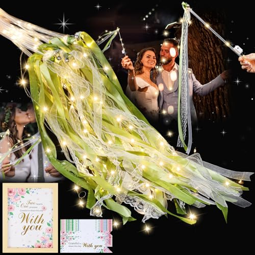 Yalikop 50 Set Wedding Wands Ribbons Silk Fairy Stick with Bells Ribbon with 3 Colorful Flashing Modes Grateful Cards Gift Tags Wood Photo Frame for Wedding Send Off New Year Birthday Party(Green)