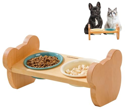 Elevated Cat Bowls - Nature Solid Beech Wood 10° Tilted Anti Vomiting Raised Stand 2 Ceramic Dishes for Food & Water, Non Toxic Pet Friendly Pet Feeder for Cats and Puppy