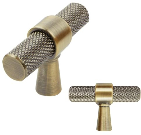 keypak 10 Pack Antique Brass Knurled Kitchen Cupboard Handles 50mm Knob | Aluminium T-Bar Pulls for Cabinet, Wardrobe Doors, Chest of Drawers