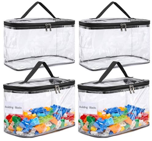 4-Pack Large Clear Storage Bag for Toys with Name Tag, Waterproof PVC Toy Organizer Case for Legos Bricks, Building Blocks, Puzzles, Stationery, Small Item Storage Bins(12.6 × 7.9 × 6.3 in)