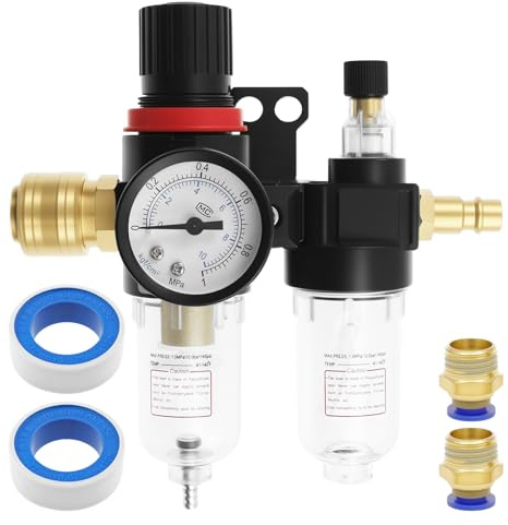 Druckregler Kompressor 1/4 Zoll Druckluft Druckminderer mit Wasserabscheider, Manometer, Schnellkupplung Druckluftregler für Kompressor