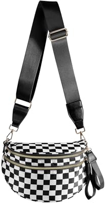 FEIBOON Damen-Umhängetasche, geräumige Gürteltasche mit Karomuster, Crossbody-Tasche mit doppeltem Reißverschluss, verstellbarer und abnehmbarer breiter Schulterriemen (Schwarz-weiß kariert)
