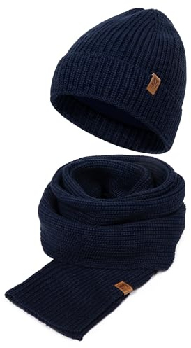 HEYO Herren Mütze Schal Set für Winter | Warme Strickmütze gefüttert Beanie Winterschal (DE/NL/SE/PL, Alphanumerisch, Einheitsgröße, Blau)