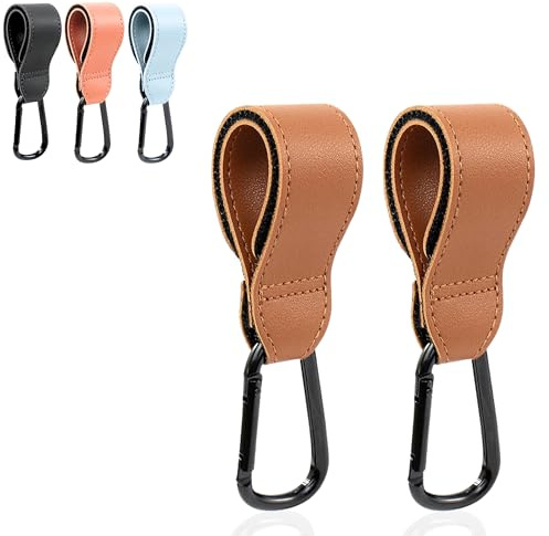 BABALUU Pack Haken für Kinderwagen aus Leder – 2 Haken – hält bis zu 20 kg Gewicht – Karabiner für Kinderwagen – Zubehör für Kinderwagen zum Aufhängen von Tasche, Rucksack, Taschen (braun)