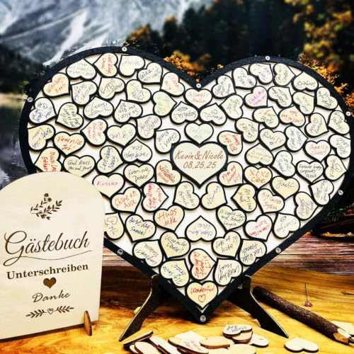 Neamon Hochzeit Gästebuch aus Holz in Herzform, Gästebuch für Hochzeit, Geburtstag, Jahrestag, Party-Dekoration(Black)