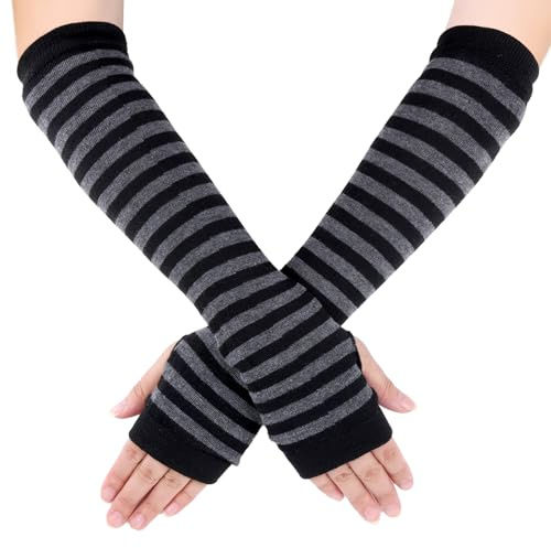 YQQYG Schwarz Gestreifte Armstulpen, lange fingerlose Strickhandschuhe, winterliche Strickhandschuhe für Damen