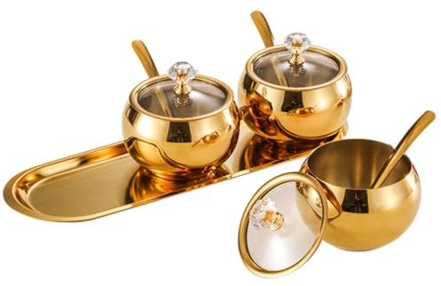 DECHOUS Sucrier Acier Inoxydable Doré avec Couvercle et Cuillère Boîte à Épices avec Plateau Pot Condiment Multifonction pour Sucre Sel Café et Assaisonnements Rangement Cuisine Élégant