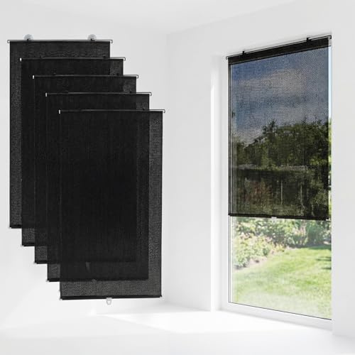 Maasechs 6 Pcs Roller Blackout Window Shades with Suction Cups No Drill Cordless Automatic Retractable Blackout Blinds 23 x 49 Inch PVC Roller Curtains UV Protection for Indoor Home Office Bedroom