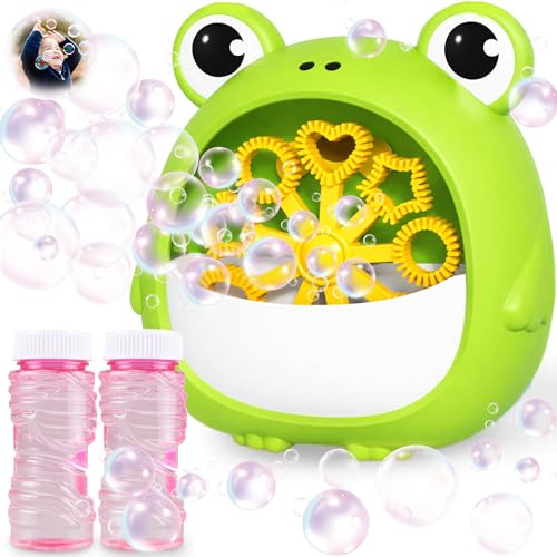 Chennyfun Macchina Automatica di Bolle Rana Bambini, Macchina per Bolle Portatile 2000+ Bolle/Min con Liquido per Bolle, Giocattoli da Giardino, Giochi Interno all’Aperto per Regalo Compleanno Festa