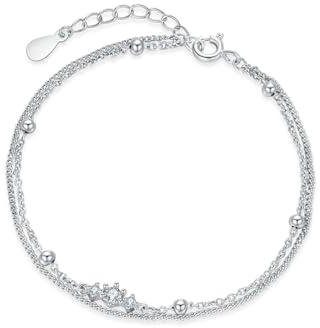 Tolldek 14K 585 Weißgold Armbänder Damen, Doppelte Schicht Kette mit Kugel Armreifen mit Labor Erstellt Diamant Echtschmuck, 14K Gold Armreif, 17+5CM
