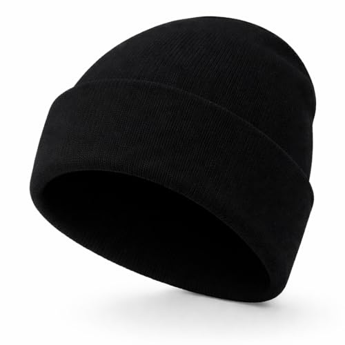 WS UK Kids Beanie Hat - Unisex Slouch Winter Woolly Turn Up Knitted (Black)