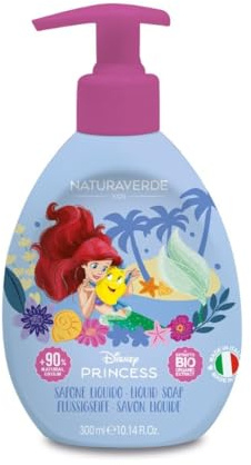 Naturaverde | Kids - Disney Princess flytande tvål för barn, Ariel, barntvål med blåklintsextrakt, organisk handtvål, 300 ml