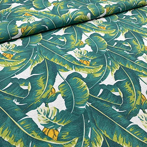 Kt KILOtela Gedruckt Canvas Dekostoff - Stück: 100 cm Länge x 280 cm Breite | Tropische Blätter - Grün, Weiß, Orange