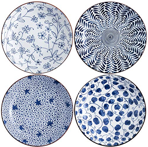 Swuut Juego de cuencos de cerámica para pasta, juego de cuencos de ensalada floral de 20 cm de 4 platos poco profundos, para servir pan, aperitivo, postre (8 pulgadas)