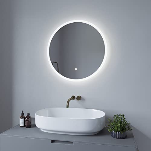 AQUABATOS® 60cm LED Badspiegel Rund Wandspiegel Beleuchtet Badezimmerspiegel mit Beleuchtung lichtspiegel Dimmbar Touch Schalter Kaltweiß 6400K Spiegelheizung beschlagfrei IP44 CE