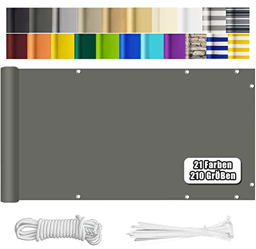 HERILIOS Balkon Sichtschutz, Balkonabdeckung 220 g/m² Innen Balkonverkleidung UV-Schutz (210Größen&21Farben) Ohne Bohren mit Ösen Kabelbinder und Kordel für Balkongeländer Terrasse,80X300CM Grau