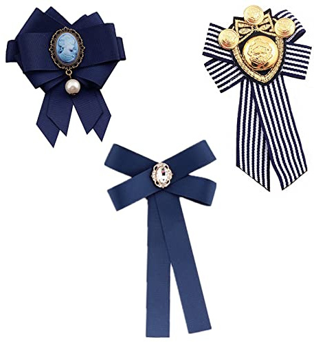 XHBTS 3 Stück Damen Brosche Vintage Broschennadeln Schleifenbrosche Bowknot Perle Brosche Bekleidungs Schmuck für Hochzeits Party Geburtstag Schmuck Zubehör, Blau/Streifen
