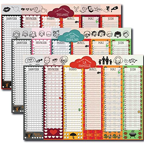 Pack de Trois Calendriers Perpétuels Anniversaires et Dates Importantes - Famille Couple et Copains - Format A3 30x42cm - Recto-Verso - Français