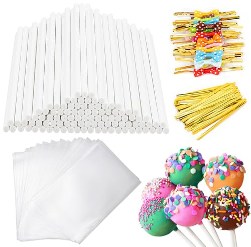 SOTMALTK 320Pcs Cake Pop Sticks and Wrappers Kit, Lollipop Sticks with Cake Pop Bags and Metallic Twist Ties Bow, Perfect for Making Lollipops,Candies,Chocolates and Cookies - Great for Parties