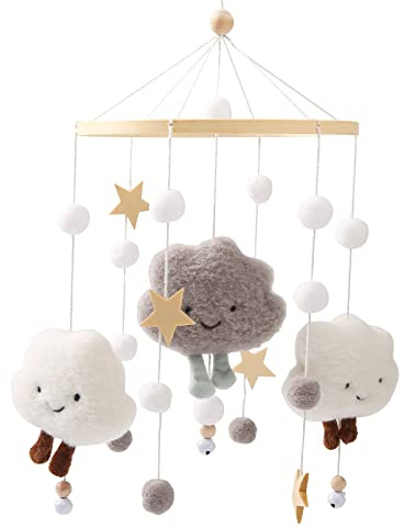 Promise Babe Mobile Baby Windspiele mit Filzbällen Wolken Sterne Babyzimmer Holz Gehäkelt Jungen Mädchen Bettglocke Anhänger zum Aufhängen Babybett Kinderbett Wickeltisch Deko Grau