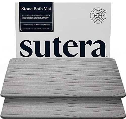 SUTERA - Stein Badematte, Kieselgur Duschmatte, rutschfest, super saugfähig, schnell trocknend, Badezimmer-Bodenmatte, natürlich, leicht zu reinigen (23,5 x 15 Grau, 2 Stück)