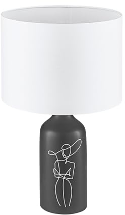 EGLO Tischlampe Vinoza, Nachttischlampe mit Lampenschirm | Tischleuchte aus Keramik in Schwarz mit Motiv und Textil in Weiß, Deko Schlafzimmer, Wohnzimmer Tisch Lampe, E27 Fassung