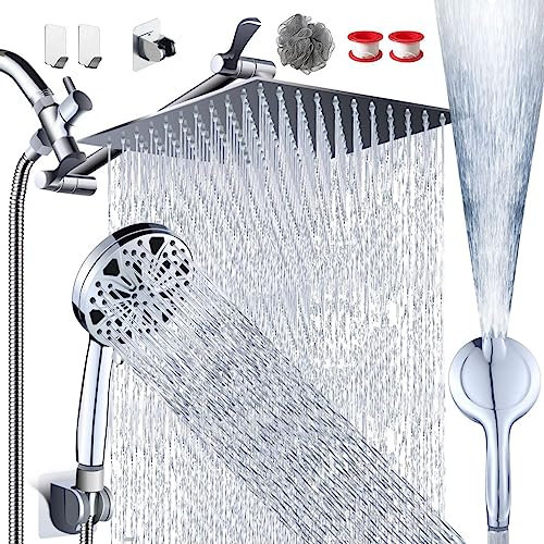 Razime 12 Inch Rainfall Shower Head with High Pressure Handset 8+2 Modes Built-in Electric Wash, Chrome Stainless Steel Shower Head with 11 Extension Arm in