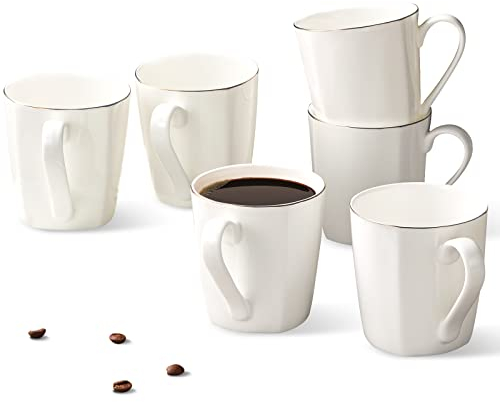Ensemble de 6 tasses à café haut de gamme, en porcelaine fine, plus de 45 % d'os pour homme et femme, blanc (clair de lune) (283,5 g, bord doré)