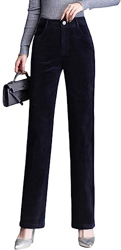 DISSA Pantalon Femme Taille Haute Droit Velours Côtelé,Bleu foncé,30W