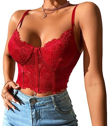 Rongseng Crop Top Femme Debardeur en Dentelle Col en V Haut Court Camisole Sexy Chic Bretelles Spaghetti Cropped Gilet Casual Été Cami Tank Top
