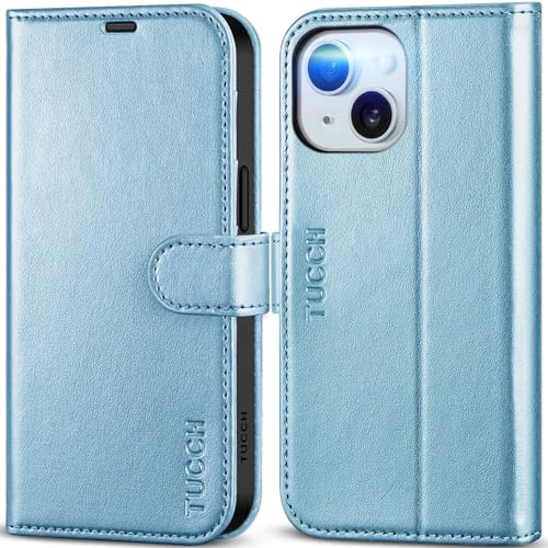 TUCCH Wallet Case for iPhone 15 (6.1), Shiny Light Blue