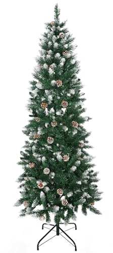 HOMCOM Árbol de Navidad Artificial de Nieve 180 cm Ø73x180 cm Verde Blanco | 508 Ramas Realistas, 49 Piñas, Base Plegable, Soporte de Acero, para Decoración de Interiores