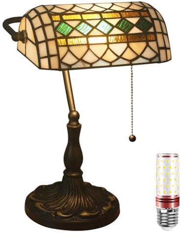 Uziqueif Vintage Lampe de Bureau/Lampe de banquier, Lampe de Chevet Tiffany, Abat-Jour en vitrail, Interrupteur à Tirer et Ampoule, pour Salon, Tête de lit,Vert