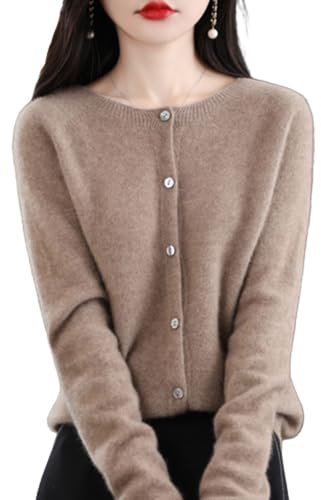 Kashmircardigan för dam, ull, rund hals, knappslå, långärmad kofta tröja, mjuk, varm, stickad och elastisk tröja (kamelbrun, storlek XL), Camel, XL