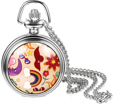 Avaner Flower Printing Pocket Watches: Colorful Flower Analog Quartz Silver Pocket Watches with Chain for Men and Women