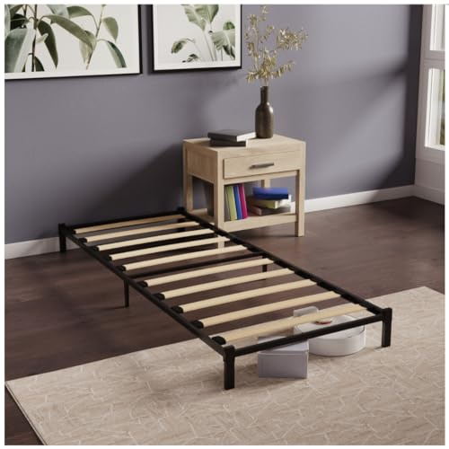 Dreamzie - Bett 90x200 aus Metall mit Holzlattenrost - 25cm Höhe | Schwarz · Stabiler Bettrahmen · Geräuscharm · Einfache Montage