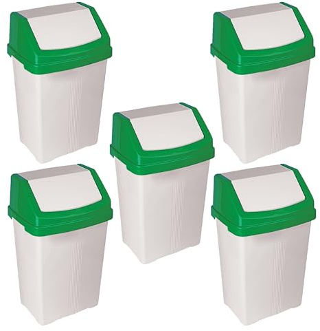[𝟓 𝐏𝐂𝐒] - 50L Litre Premium Quality Plastic White with 𝐆𝐑𝐄𝐄𝐍 Coloured Swing Top Lid Bin Waste Recycling Dustbins Trash Can Rubbish Bin For Kitchens, Homes, Offices, Bathroom Use - Made in UK