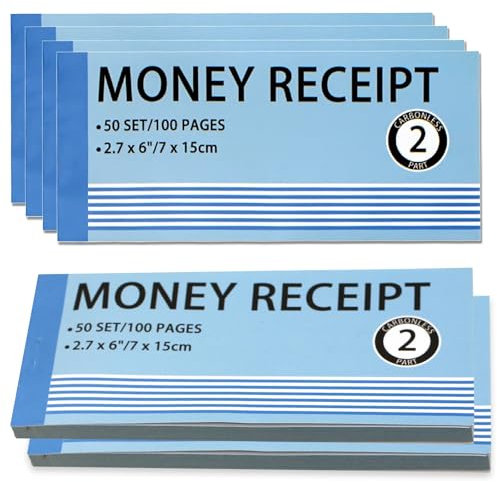 Money and Rent Receipt Book 6 Pack/300 Sets, 2-Part, 2.75x6 Carbonless Copy Receipt Book with Cardboard and Waterproof Cover (50 Sets Per Book)