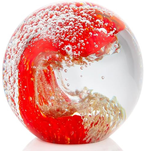 Mundgeblasene 7,9 cm große Kristallwellenkugel Meeresglas-Kunstgeschenke für Damen und Herren, Ozean-Figuren, Dekoration, Briefbeschwerer, Küstendekoration für Zuhause, Aquarium, Kugel-Ornamente (rot)