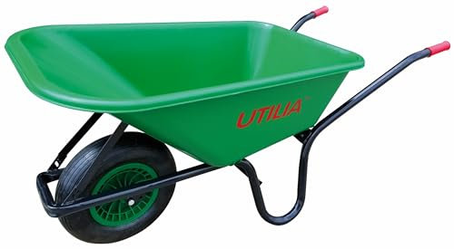 UTILIA Carriola con Vasca in Plastica Verde 100L, Telaio in Acciaio Ø mm. 32, Ruota Pneumatica mis. 4.00-8, Camera d'Aria e Cuscinetto