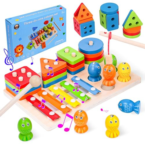 Arbolisse Magnetisches Angelspiel Montessori Spielzeug ab 1 2 3 Jahre Kinderspielzeug, 3 in 1 Xylophon&Stapelspielzeug Motorikspielzeug Holzspielzeug ab 1 Jahr, kinderspielzeug ab 1-2 Jahre