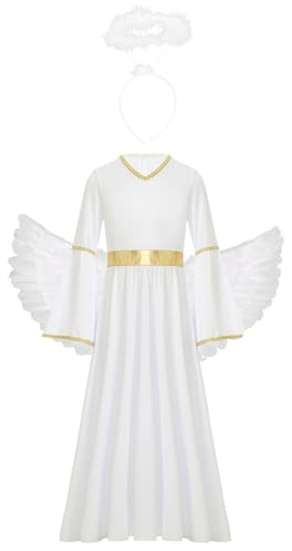 Miutii Mädchen Engel Kleid Engelskostüm mit Engelsflügel Heiligenschein Weihnachtsengel Kleid Maxikleid Halloween Karneval Fasching Partykleid A Weiß 146-152