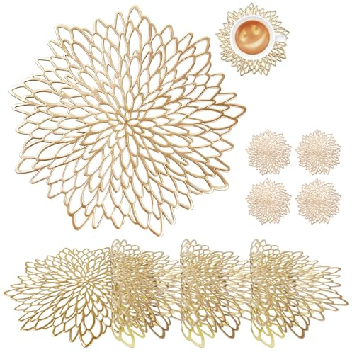 wiipara 4er Set Platzsets Tischsets Abwaschbar Rund mit Untersetzer, Gold | Moderne PVC Platzdeckchen Weihnachten Dekorative Tischunterlage Esstisch Platzteller Platzset Rund für Zuhause Hochzeit Hotel