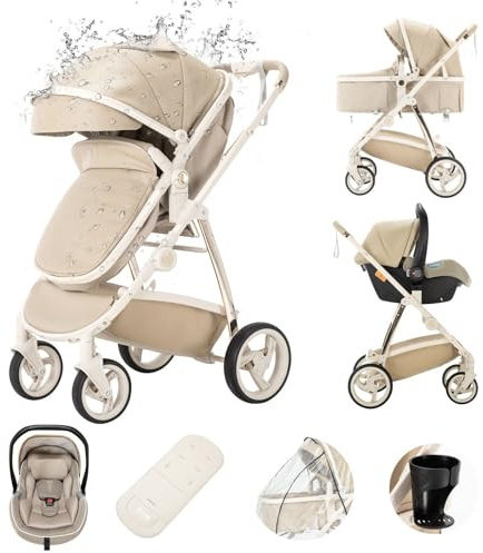 Kakbgee Leder 3-in-1 Kinderwagen, Kombi-Kinderwagen mit ECE R129 Babyschale, Buggy mit Einhand-Klappfunktion, Aluminium-Rahmen, Moskitonetz, Hochliegende Tragetasche für Neugeborene 0-4 Jahre