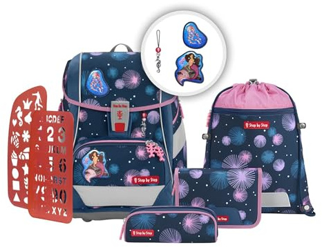 Step by Step Schulranzen-Set 2IN1 Plus „Mermaid Delia“ 6-teilig, blau-rosa, ergonomischer Tornister mit Reflektoren, höhenverstellbar mit Hüftgurt für Mädchen ab der 1. Klasse, 19L