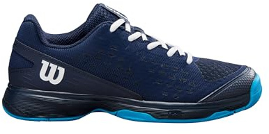 WILSON Rush Pro Junior L Chaussures de Tennis, pour Un Jeu Confortable et Un Amorti Dynamique, Résistantes à l'abrasion, Couleur : Bleu Marine/Blanc/Bleu Atomique, Taille : 3.5K
