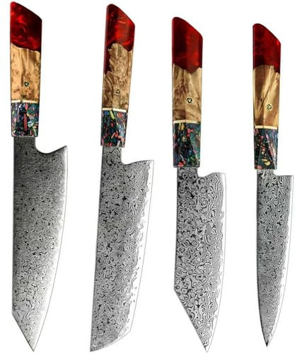 Ensemble de couteaux de cuisine utilitaires Kiritsuke Santoku en acier à haute teneur en carbone avec G10, bois et résine(4pcs)