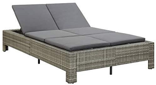 Outdoor 2-Sitzer Loungesessel mit Kissen, graues Korbgeflecht, Terrassenmöbel, bequemer Langstuhl für Garten, Balkon, Pool-Entspannung
